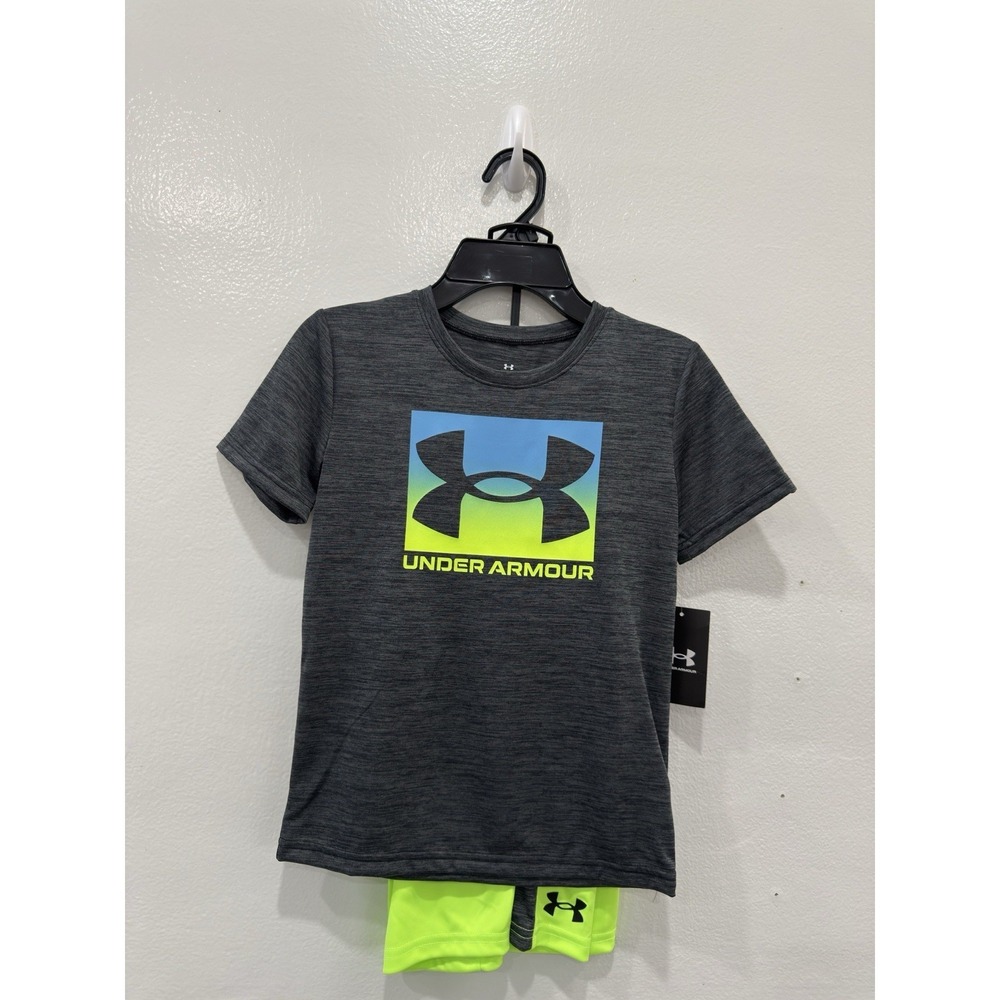 Boys Under Armour 2-Piece Athletic Shorts Set‎ Gray Neon Yellow Logo Outfit NWT